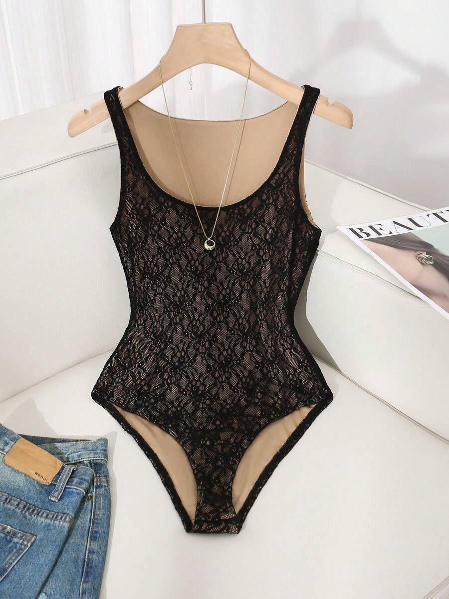SHEIN Franclia 女士优雅约会度假蕾丝连体衣,夏季 - 黑色 - 查看 1