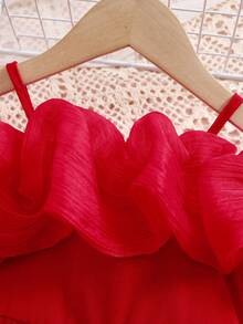 SHEIN 女嬰可愛夏季細肩帶露肩連身褲 - 紅色 - 查看 6