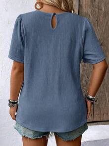 EMERY ROSE Plus Size Casual Solid Color Puff Sleeve Blouse - Blue - View 2