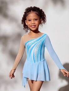 SHEIN Vestido de patinaje artístico para niñas jóvenes, azul verdoso claro, verano, niñas con decoración de strass brillante, manga larga, falda de malla ajustada para competición & entrenamiento - Azul - Ver 1