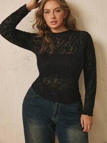 Freevana Plus Size Vacation Black Ditsy Floral Print Long Sleeve Base Layer Top Night Autumn Elegant Sexy Fall Date Night Cocktail Dinner Wedding Guest - Black - View 4