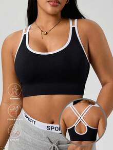 SHEIN Sports Women's Plus Size Colorblock Everyday Fitness Sports Bra - Black - View 5