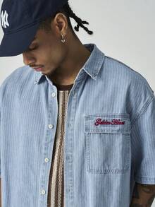 ÉpureWay Men's Casual Street Style Striped Embroidered Blue Denim Short Sleeve Shirt - Light Wash - View 5