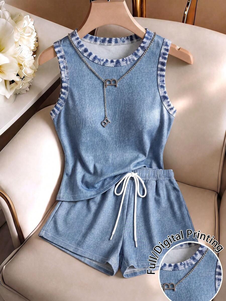 Resyla Conjunto de 2 piezas para mujer, nuevo y de gran en primavera/verano, con estampado de imitación de denim, corte ajustado y versátil - Multicolor - Ver 1