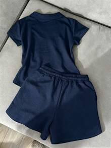 Resyla 夏季休閒時尚女款蝴蝶結刺繡裝飾POLO衫短袖短褲兩件套 - 藏蓝色 - 查看 2