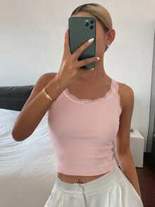 DAZY 女款蕾絲拼接圓領貼身基本款細肩帶背心上衣 - 粉色 - 查看 3