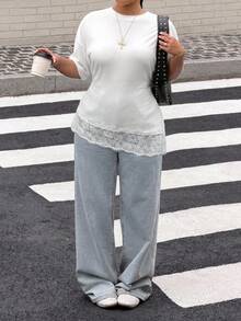 Muchica White Lace Patchwork Casual Plus Size Women's T-Shirt - White - View 6