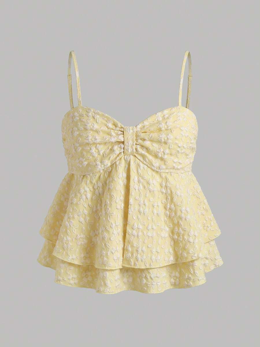 SHEIN Girlism TEENGIRL 夏季白色甜美百褶荷葉邊細肩帶上衣,夏季短版上衣 - 彩色 - 查看 1