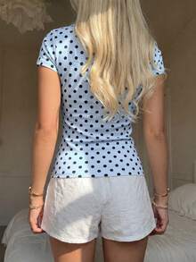 CovetEZ 休閒極簡風 95% 棉性感露肩奶油藍條紋短袖 T-shirt，適合春夏季節，春夏穿搭，奶油藍條紋顯白，夏季上衣，適合日常通勤、約會、聚會，秋冬/夏季，聖誕節、新年、感恩節、派對、婚禮、海灘、畢業典禮，時尚 - 彩色 - 查看 2