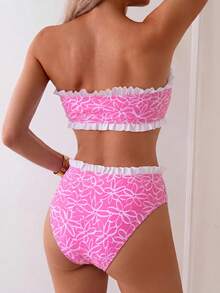 Swim Mod Spring/Summer Beach Vacation Casual Striped Print Set, Neckline Under-Bust Ruched Ruffle Trim, Pants Waistband Ruffle Trim, 2 Pieces Outfit - Pink - View 2