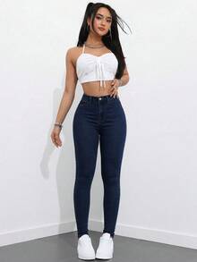 SHEIN ICON 大尺碼女款街頭休閒彈性舒適深藍色牛仔緊身牛仔褲 - 深色水洗藍 - 查看 7
