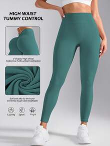 SHEIN Sports Leggings deportivos sin costuras de cintura alta en unicolor - Neblina azul - Ver 2