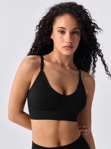 Loungeista Seamless Knitted Ribbed Sexy Wireless Bra For Women, Criss-Cross Strap Backless Sports Bra - Black - View 5