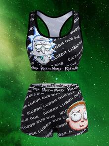 Rick and Morty X SHEIN Women's Cartoon Letter Print Colorblock Tank Top And Shorts Lingerie Set - Black - View 1