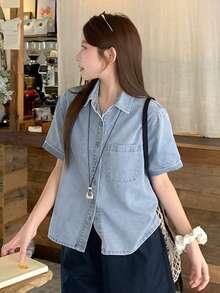 DAZY Women's Casual Loose Fit Short Sleeve Collared Light Blue Washed Denim Top With Pocket Decor Cute Tops - Blue - View 3