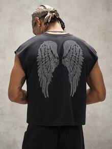 PAVTROS Men's Hip Hop Letter Print Rhinestone Back Crew Neck Tank Top - Black - View 5