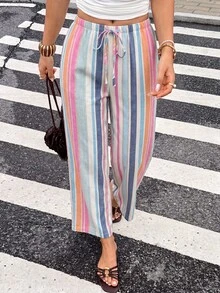 SHEIN Frenchy 女款度假休閒條紋拼接綁腰長褲 - 彩色 - 查看 7
