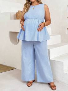 Plussiva Plus Size  Blue Striped Resort Two-Piece Set,Maternity Vacation Casual Striped Tank Top & Long Pants 2 Pieces Set - Blue - View 5