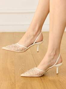 CUCCOO HITCHD Rice Apricot Mesh Embroidered Rhinestone Pointed Back Empty Elastic Thin Back Strap Breathable Bridal Wedding Shoes, Wedding Banquet Dating Fairy - Beige - View 2