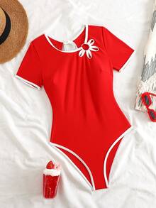 Swim SPRTY 女款拼色滾邊鏤空花瓣連身泳衣，夏季海灘運動泳裝 - 紅色 - 查看 2