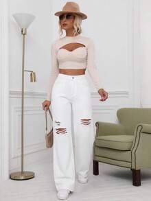 EMERY ROSE Plus Size Women's Casual Grunge Casual Formal Pocket Straight Leg Denim Jeans Back-To-School Graduation White Summer - White - View 6