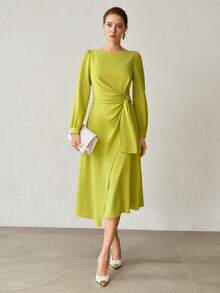 MOTF PREMIUM Vestido de mujer para primavera/otoño de negocios de unicolor con cintura anudada y largo hasta la rodilla - Mostaza Amarilla - Ver 1