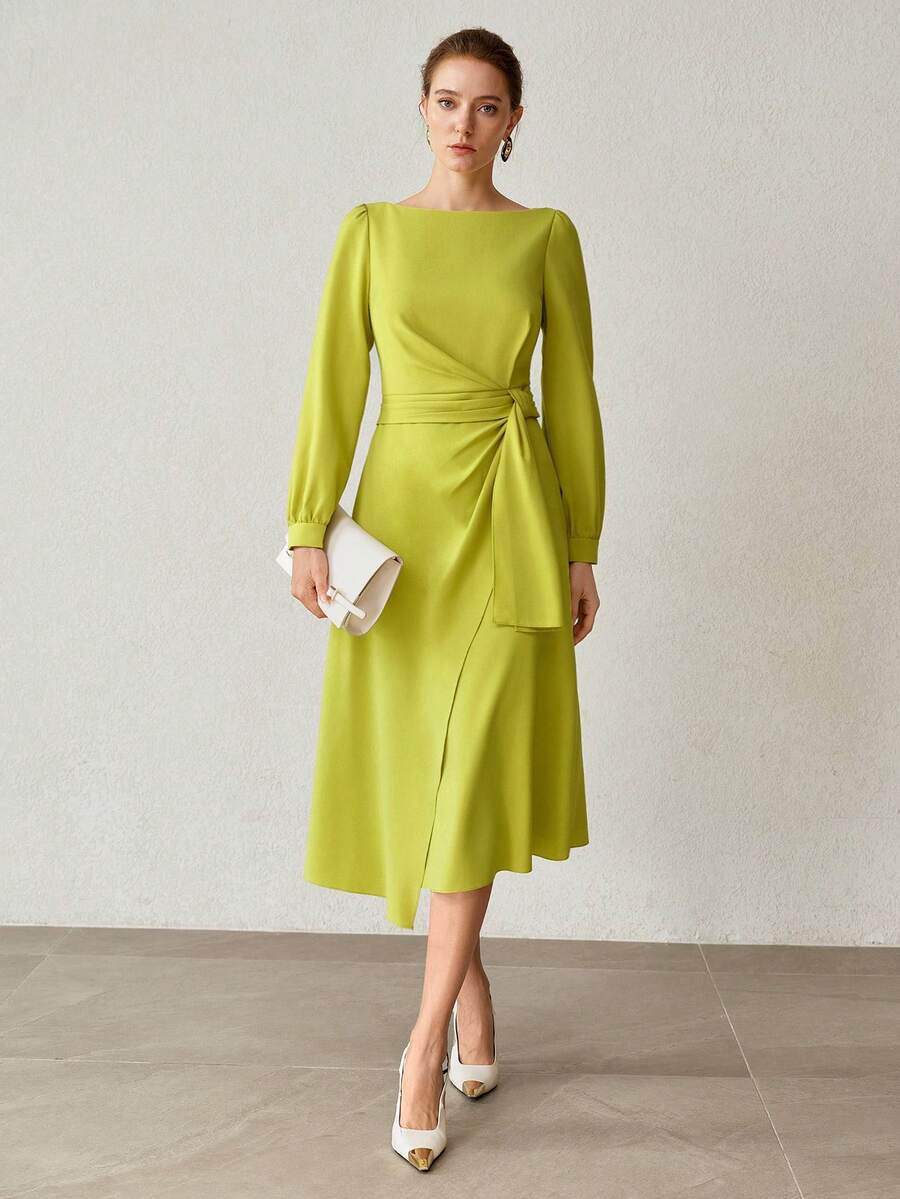 MOTF PREMIUM Vestido de mujer para primavera/otoño de negocios de unicolor con cintura anudada y largo hasta la rodilla - Mostaza Amarilla - Ver 1
