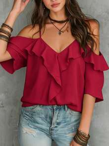 LUMIGAL Women's Solid Color Ruffle Hem Elegant Charming Sexy Camisole - Burgundy - View 5