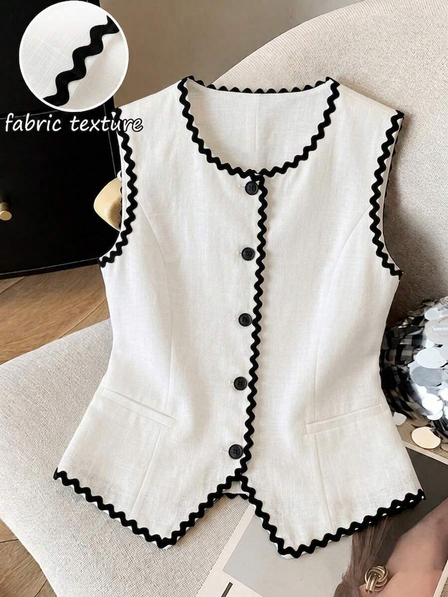 GlowEve CURVE Plus Size Women's Summer Casual Elegant Blazer Vest - Black and White - View 1