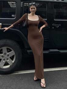 DAZY Women's Elegant Commute Slim Fit Long Dress Summer - Brown - View 4