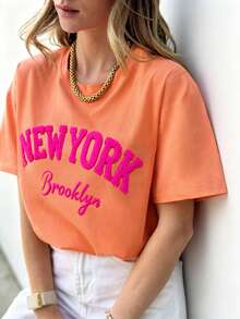 DrmWander Plus Size Women's Letter Towel Embroidery Round Neck Short Sleeve Casual T-Shirt - Orange - View 4