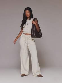 MUSERA White Knit Lace Trim Flared Trousers - Apricot - View 2