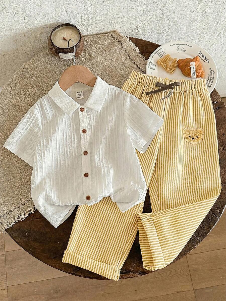 SHEIN LMoss Kids 男童纯色梭织休闲衬衫和条纹休闲裤两件套 - 彩色 - 查看 1