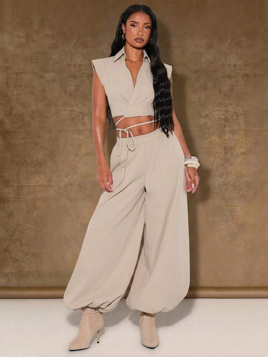 Normani Women's Solid Color Pleated Top And Pants Casual Daily 2 Pieces Set