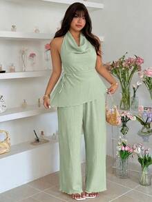 GalTyme Conjunto sexy de 2 piezas talla grande con top de cuello drapeado, escote drapeado, espalda descubierta, unicolor y cordón, y pantalones largos - verde menta - Ver 3