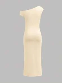 SHEIN Gaun Rajut Panjang Bodycon Satu Bahu Kasual Elegan untuk Anak Perempuan Remaja, Warna Polos, Cocok untuk Pesta, Pakaian Kembali ke Sekolah, Acara Kumpul-kumpul, Pakaian Jalanan, dll. ANAK-ANAK - Aprikot - View 2