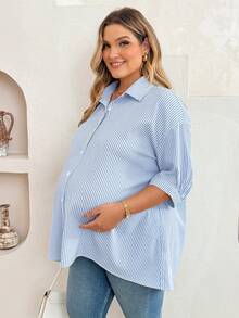 Plussiva Top Casual Listrada Plus Size para Gestantes - Azul - Visão 6