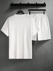 Manfinity CasualCool Setelan Kaos Lengan Pendek dan Celana Pendek 2 Potong Pria Musim Semi/Panas, Kain Rajut Bertekstur dengan Warna Kontras, Setelan Kaos Kasual Dewasa - Putih - View 2