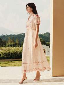 MOTF PREMIUM WOMEN'S ELEGANT VACATION PLACEMENT PRINT DRESS - Beige - View 5