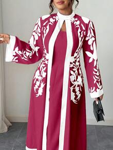 Rometta 大尺碼女款 1件 優雅度假風 印花半高領 喇叭袖 修身長洋裝 - 紅白色 - 查看 4