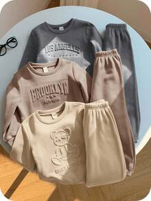 SHEIN Kids Young Boy Letter Print Crew Neck Long Sleeve Sweatshirt And Autumn Winter Pants 3pcs -Piece Set, 6 Pieces Total - Multicolor - View 2