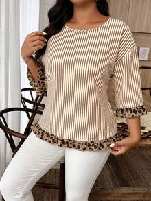 Weeklong Plus Size Women's Spring/Summer Leopard Print & Striped Colorblock Mid-Sleeve Ruffle Hem Casual Vacation Shirt Fall - Multicolor - View 5