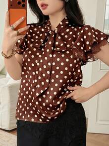 Feyla Chic Brown Polka Dot Women's Blouse V Neck Tie Front Satin Silk Feel Top With Ruffle Lace Trim Sleeves Fashionable Work Or Date Night Apparel - Coffee Brown - View 4
