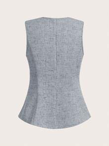 SHEIN Clasi 女式无袖金属玫瑰纽扣衬衫，法式风格，休闲通勤衬衫，美观大方，夏季 - 藍色 - 查看 2