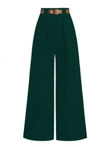 SHEIN Tall CURVE 加大码 TALL 系列女士简约褶裥直筒裤，适合通勤 - 墨綠色 - 查看 1