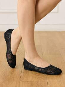 CUCCOO HITCHD Lace Round Toe Flats, Perspective Mesh Sequined Low Vamp Shoes, Commuting Dating Daily Breathable Women's Shoes - Black - View 6