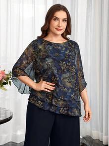 Reflora Plus Size Women's Round Neck Floral Print Top And Pants Casual Daily 2-Piece Set - Blue - View 5