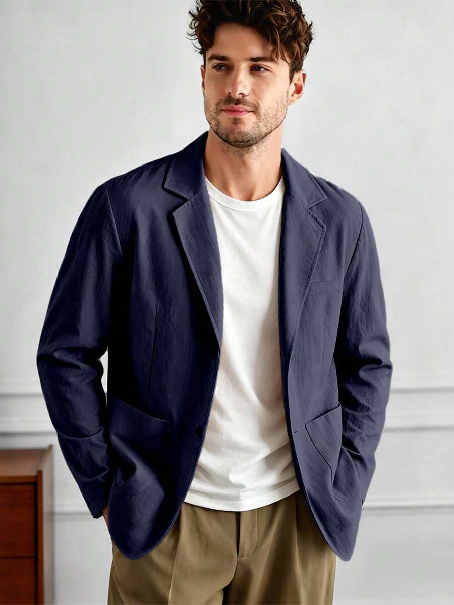 Core Aspect Chaqueta Blazer Casual de unicolor Ajustada con Bolsillo para Hombres para Desplazamiento Diario y Oficina - Azul Marino - Ver 1