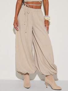 Normani Women's Solid Color Pleated Top And Pants Casual Daily 2 Pieces Set - Khaki - View 6