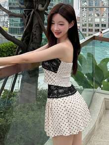 DAZY Women's Lace Polka Dot Bandeau Top And Skirt Sexy Casual Outfit Summer Beach Outfits - Multicolor - View 5